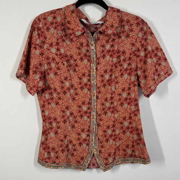 Vintage Suttles & Seawinds Red Beige Printed Floral Button Shirt Size L - Picture 4 of 16